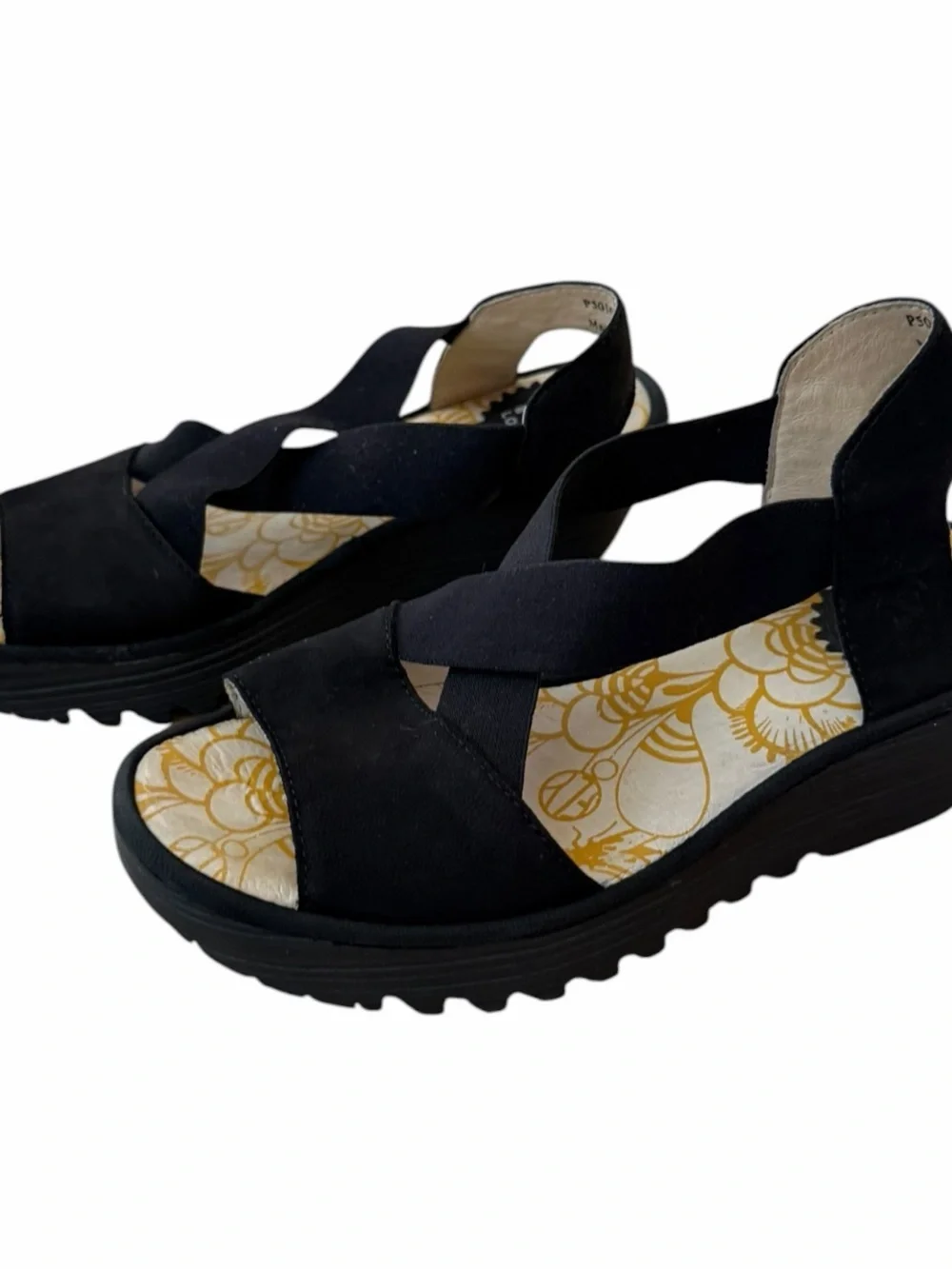 Fly London Yaji888fly Black Leather Crisscross Elastic Wedge Sandals Sz 35 US 5